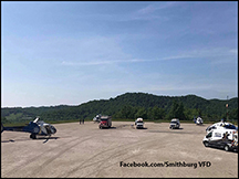 Four air ambulances queue during a recent incident involving several burn victims that resulted in one fatality.